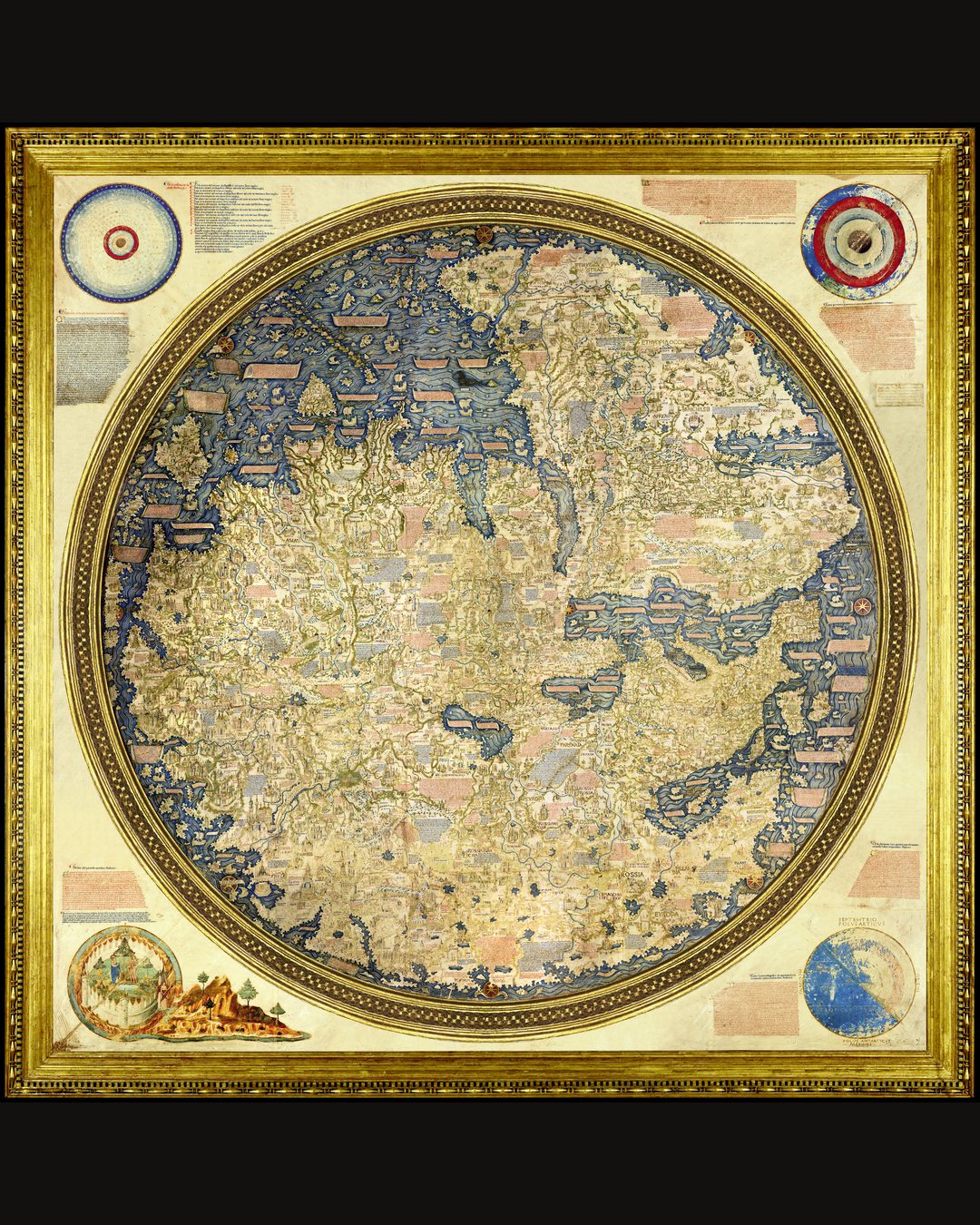 O mapa-múndi de Fra Mauro, por volta de 1450, com o sul em cima: quase dois metros de diâmetro e perto de três mil legendas (Biblioteca Nazionale Marciana, Veneza; reprodução em domínio público, Wikimedia Commons).