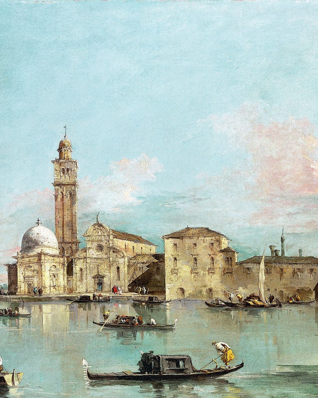 A ilha de São Miguel, na laguna de Veneza, pintada por Francesco Guardi nos anos de 1770; a igreja que se vê é posterior ao tempo de Fra Mauro (Metropolitan Museum of Art, domínio público).