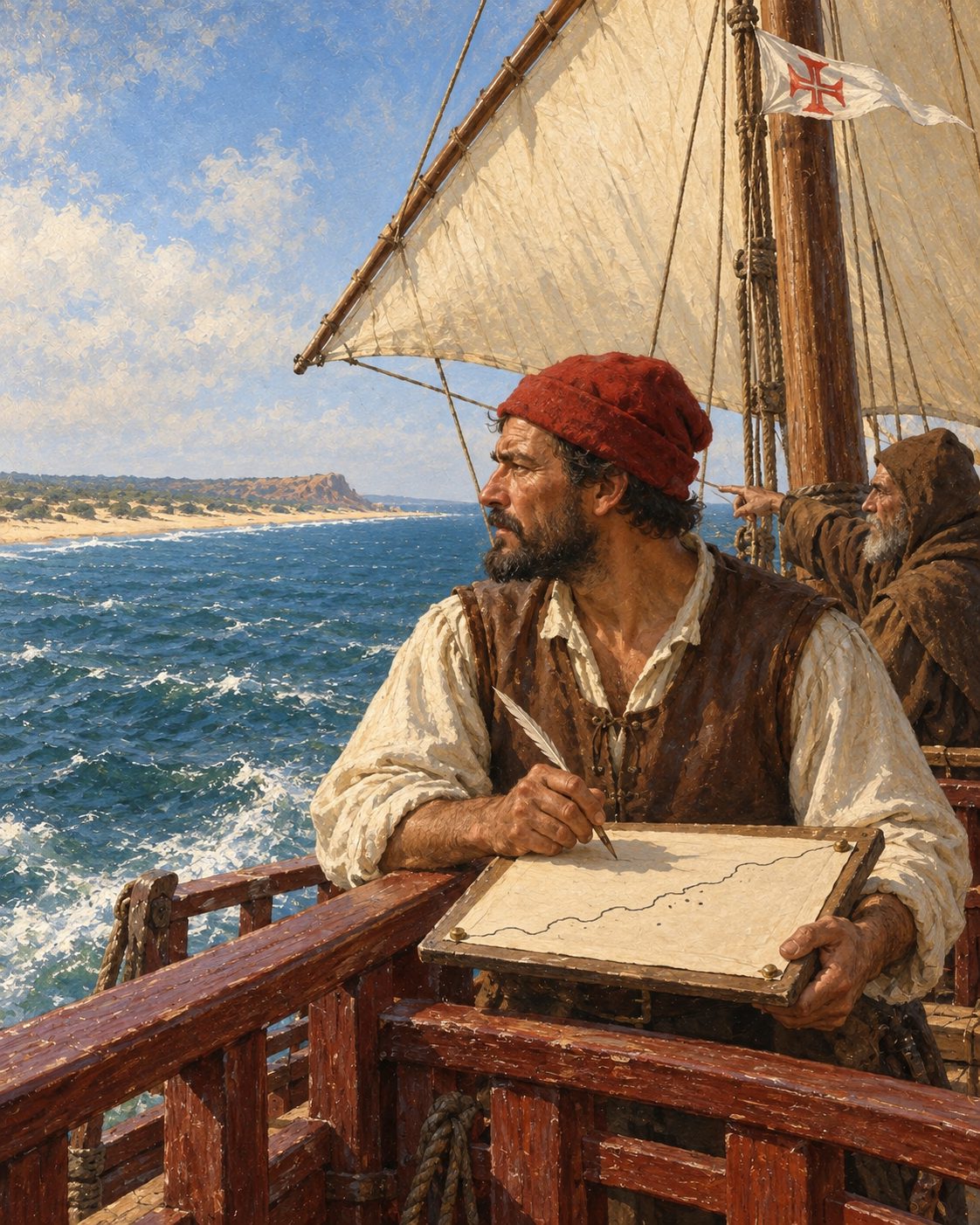 Pintura de um piloto numa caravela portuguesa a desenhar a costa de África que tem diante dos olhos, nos anos de 1450 (figura genérica, não retrato).