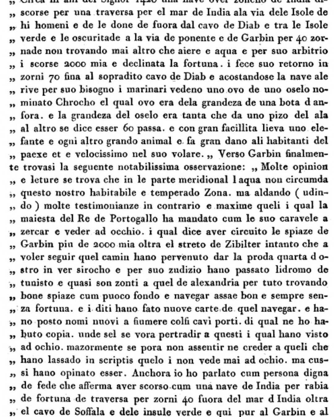 A legenda do mapa sobre o mar do sul, transcrita por Zurla em 1806: os homens que «la maiesta del Re de Portogallo ha mandato cum le suo caravele a zercar e veder ad occhio» (Il mappamondo di Fra Mauro, Veneza, 1806, p. 61, Internet Archive, domínio público).
