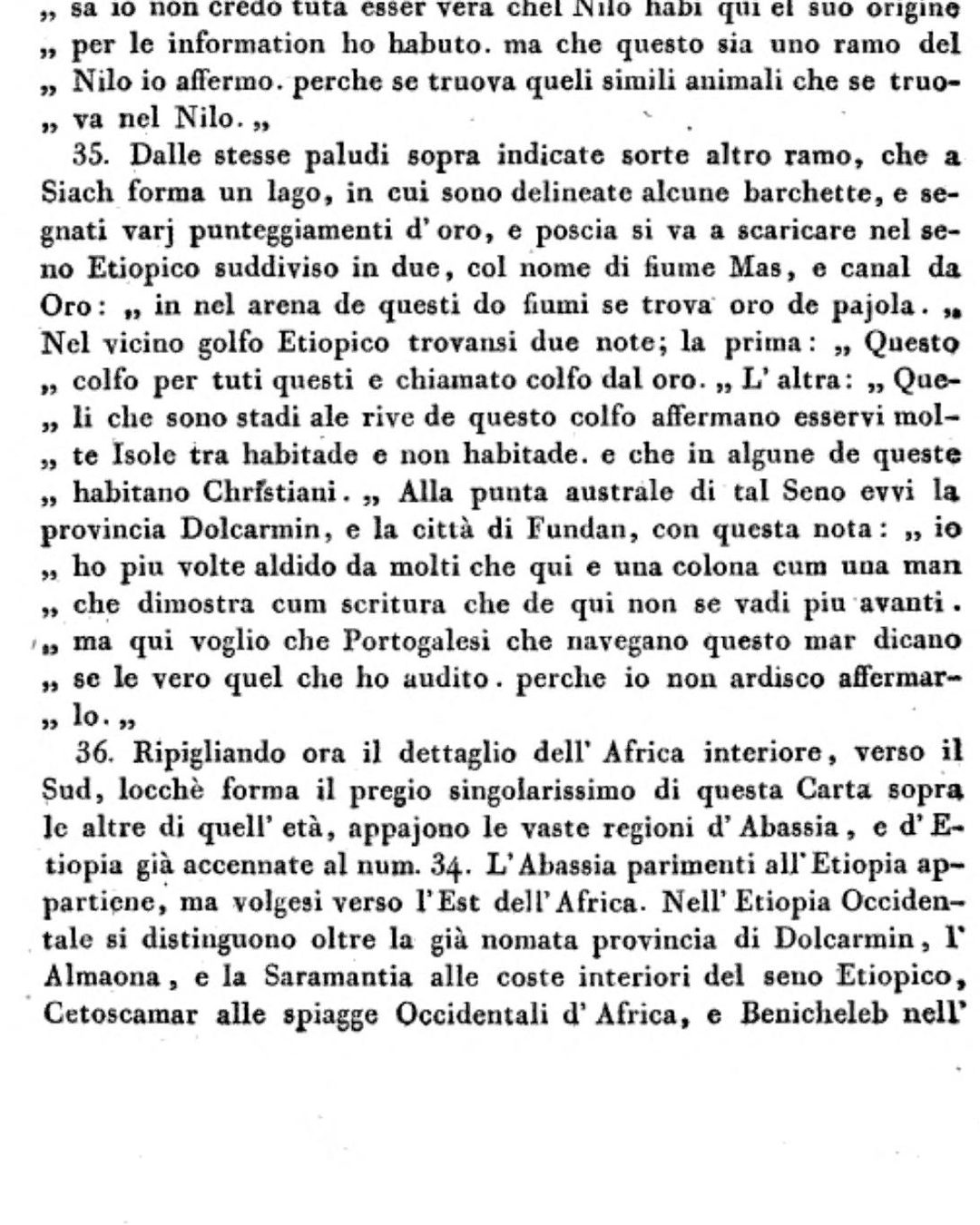 A legenda da coluna, transcrita por Zurla em 1806: «ma qui voglio che Portogalesi che navegano questo mar dicano se le vero quel che ho audito» (Il mappamondo di Fra Mauro, Veneza, 1806, p. 58, Internet Archive, domínio público).