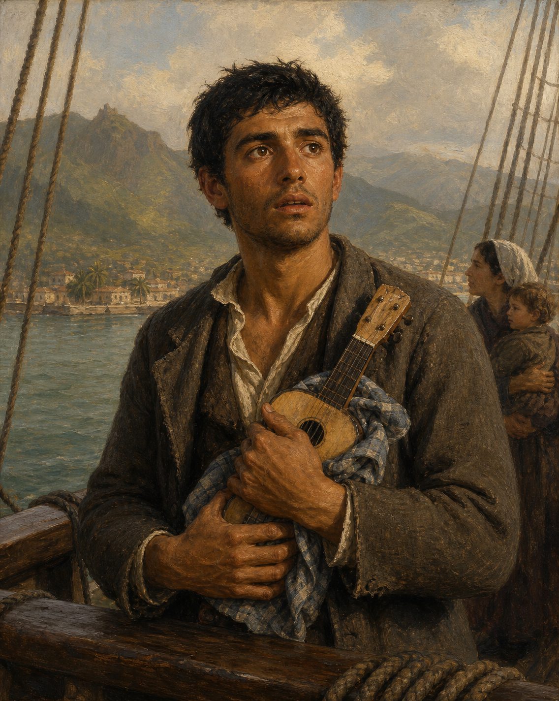 Evocação pintada de um emigrante madeirense com um machete nas mãos, à chegada a Honolulu, em agosto de 1879. O veleiro britânico Ravenscrag trazia da Madeira mais de quatrocentas pessoas, depois de cerca de quatro meses de mar; era o segundo navio de emigrantes portugueses a chegar ao Havai. John A. Dix, que passou na Madeira o inverno de 1842-1843, escrevera: «Não é provável que o machete alguma vez emigre da Madeira.» Figura evocada, não retrato.