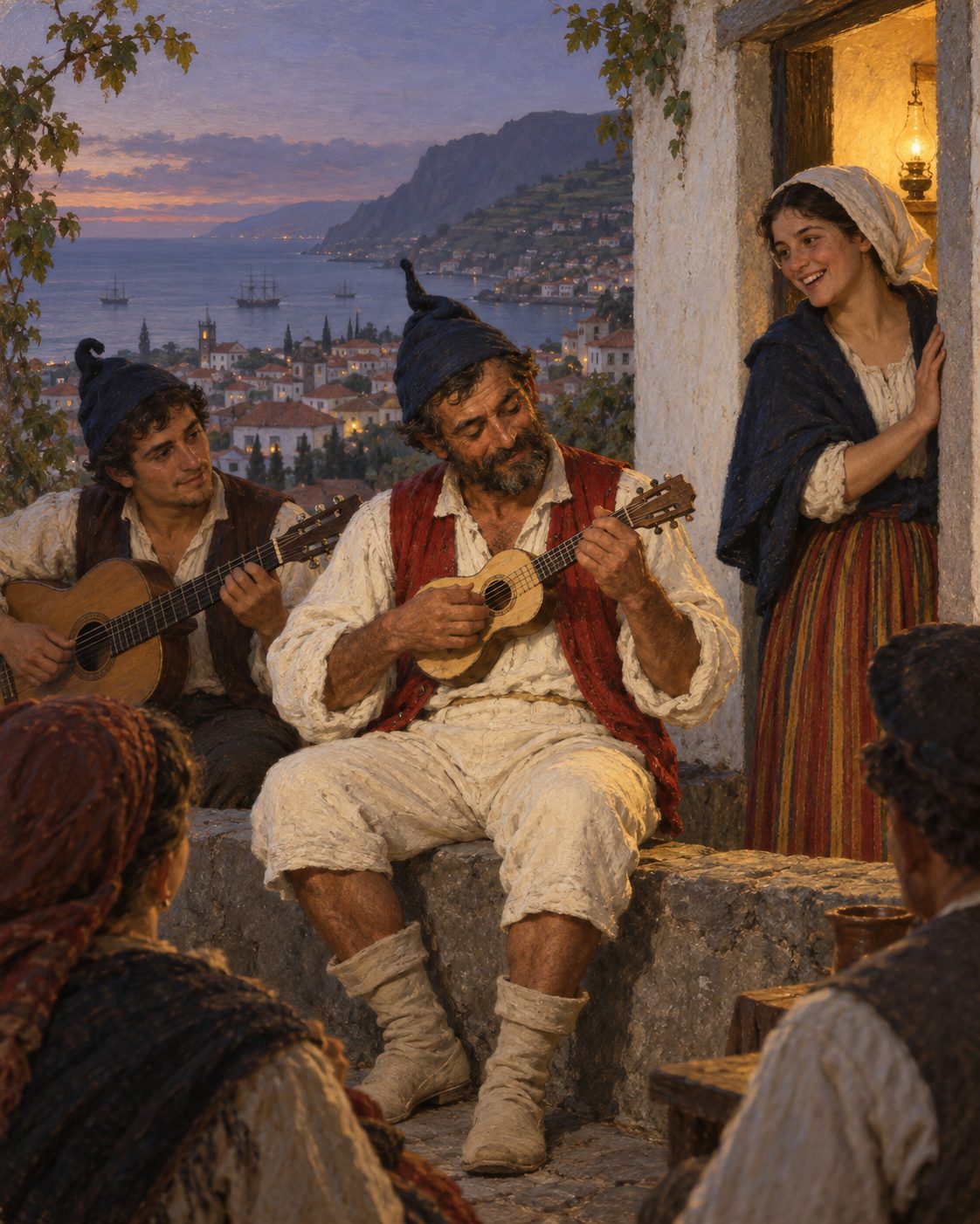 Evocação pintada de um serão no Funchal, no princípio da década de 1840. John A. Dix, que passou na Madeira o inverno de 1842-1843, descreveu o machete como uma guitarra anã de quatro cordas, o instrumento mais comum da ilha; poucos anos antes, a inglesa Fanny Burney Wood escrevera que os madeirenses se divertiam à noite com violas e machetes. Figuras genéricas, não retratos.