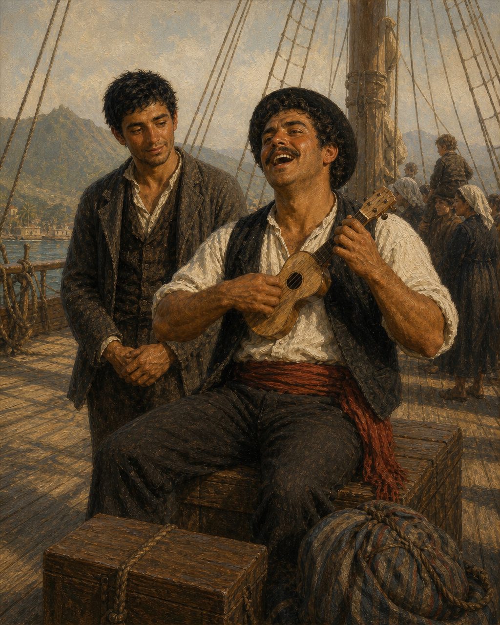 Evocação pintada da chegada do Ravenscrag, tal como a contou João Fernandes, latoeiro e passageiro do navio, numa recordação publicada em 1922, mais de quarenta anos depois: pediu emprestado o machete de João Gomes da Silva, que tinha vergonha de tocar em público, e tocou para festejar o fim da viagem. Figuras evocadas, não retratos.