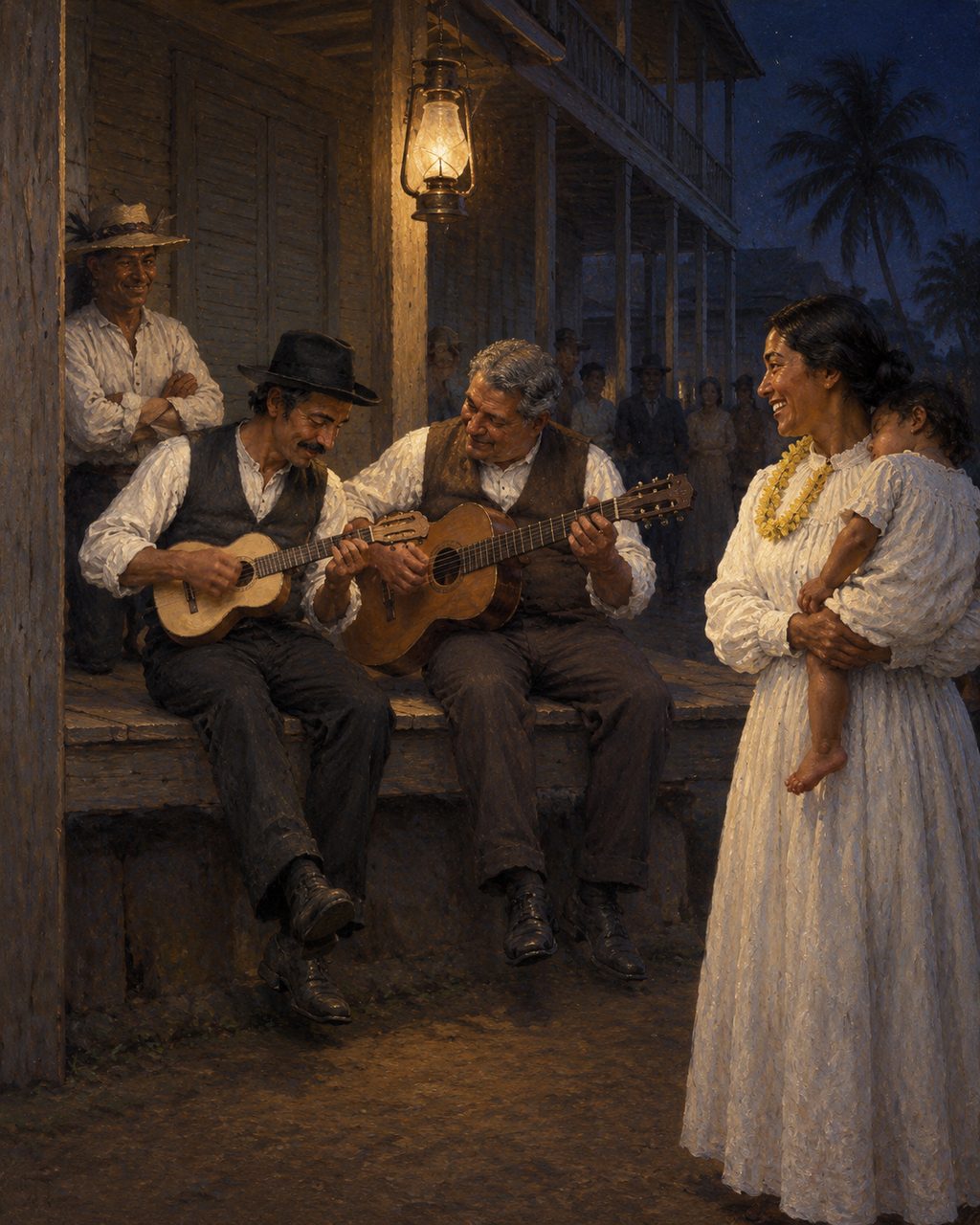Evocação pintada de um concerto noturno numa rua de Honolulu, em 1879. Menos de duas semanas depois da chegada do Ravenscrag, o Hawaiian Gazette noticiava que um grupo de músicos madeirenses, chegados havia pouco, deliciava a população com concertos noturnos na rua, em instrumentos «estranhos», «uma espécie de cruzamento entre uma guitarra e um banjo», que davam «música muito doce». Figuras genéricas, não retratos.