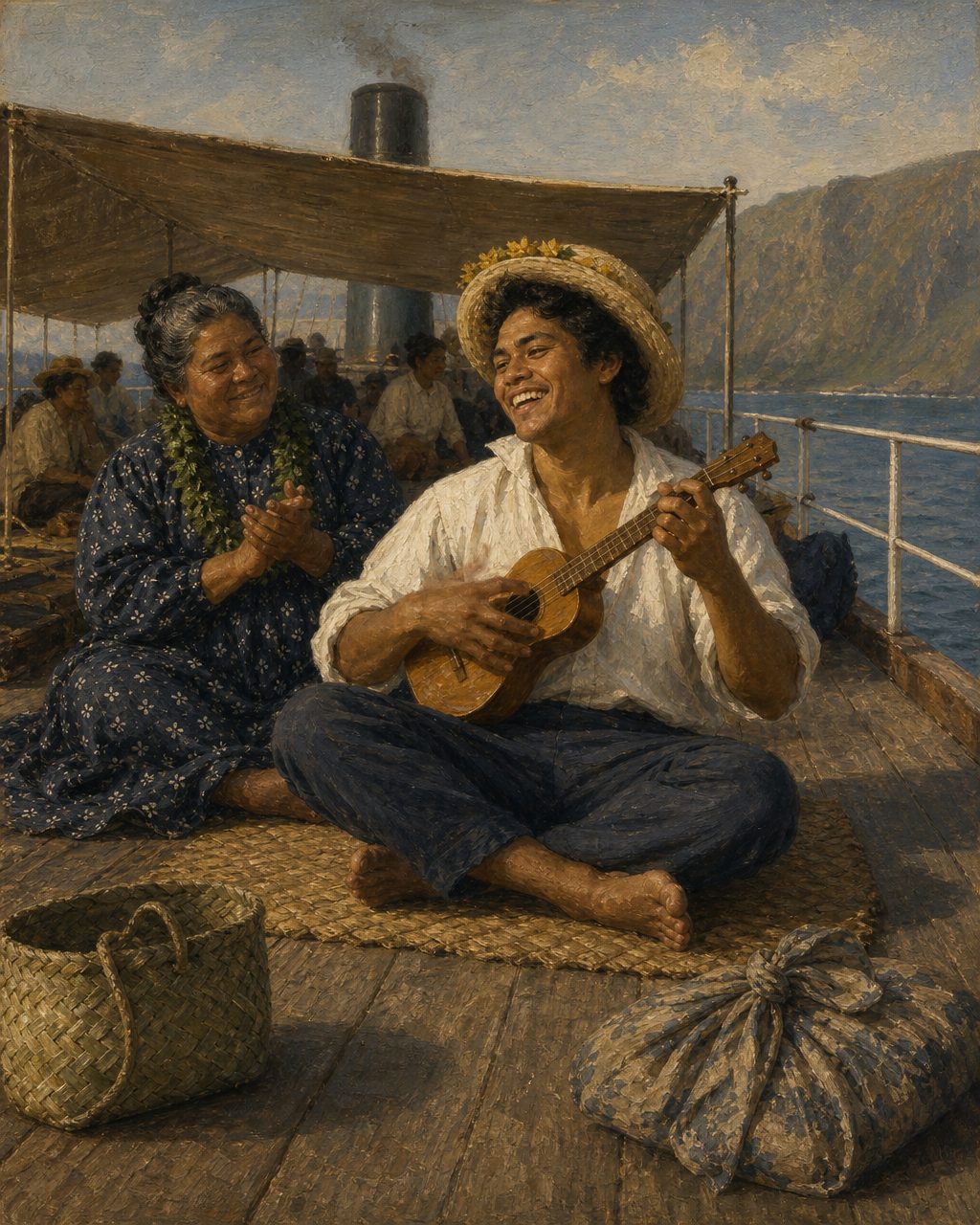 Evocação pintada de passageiros havaianos no convés de um vapor entre ilhas. Em 1888, um visitante viu havaianos a tocar o «taro-patch fiddle», «o instrumento nacional do Havai», no convés de um vapor que fazia a carreira entre as ilhas. Porquê o nome «ukulele», a palavra havaiana para pulga, há várias versões; a mais antiga que sobrevive é a de Ernest Kaai, em 1910: os havaianos tocavam saltando com os dedos de um lado ao outro das cordas. Figuras genéricas, não retratos.