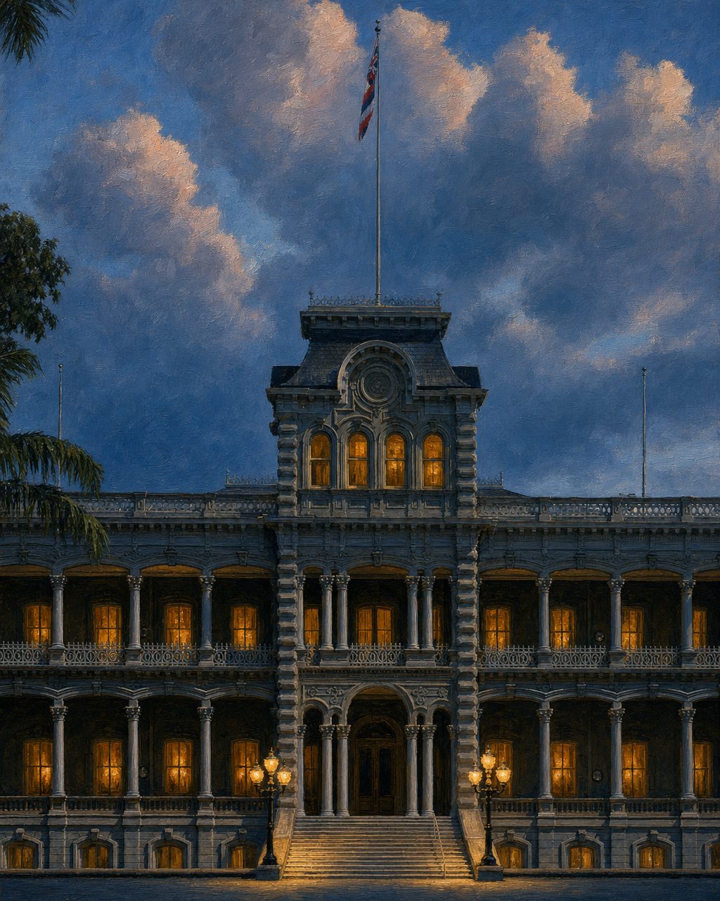 Pintura do palácio ʻIolani, em Honolulu, tal como hoje se vê, ao anoitecer, a partir de uma fotografia de Bernard Spragg (CC0, Wikimedia Commons). Foi em serões neste palácio que Isobel Strong, enteada de Robert Louis Stevenson, viu o rei Kalākaua tocar; João Fernandes, passageiro do Ravenscrag, contou mais tarde que ele, Augusto Dias e João Luís Correia tocavam muitas vezes para o rei.