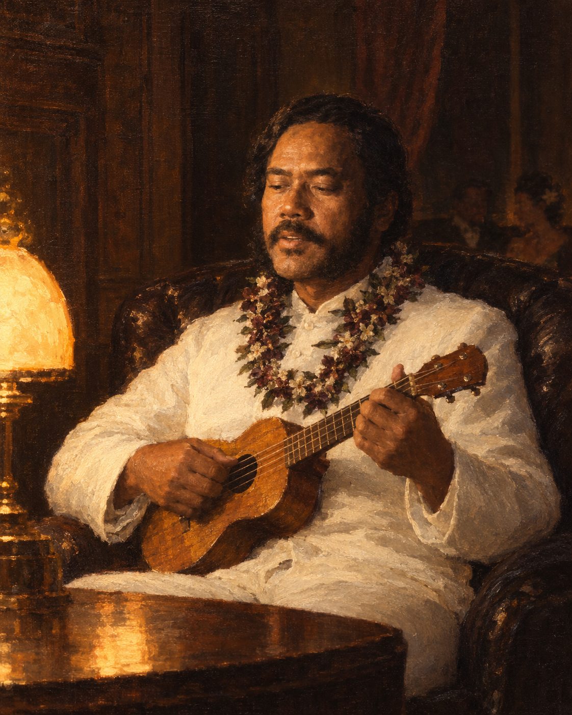 Evocação pintada do rei Kalākaua a cantar, a partir de uma fotografia sua de 1889 (Hawaii State Archives, domínio público). Isobel Strong, enteada de Stevenson, deixou o único relato conhecido de quem viu o próprio rei tocar ukulele: em serões no palácio ʻIolani, pegava de vez em quando num ukulele ou numa guitarra e cantava a sua canção havaiana preferida, «Sweet Lei-lei-hua». Segundo King e Tranquada, terá tido o papel mais visível na popularização do instrumento. Cena evocada, não registo de um serão em particular.