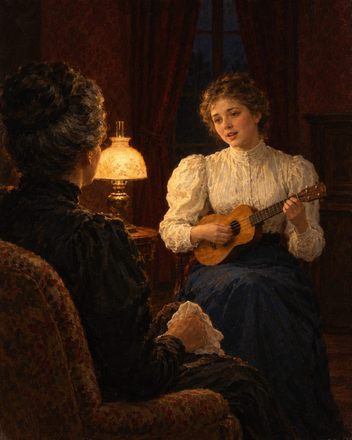 Evocação pintada da passagem de Washington que a rainha Liliʻuokalani contou no livro que publicou em 1898, «Hawaii's Story by Hawaii's Queen»: Grace Hilborn, filha de um congressista, cantou-lhe algumas das canções havaianas da própria rainha «ao nosso instrumento, o ukulele» e deu-lhe «essa alegria, tão tristemente doce, de ouvir os sons de casa em terras estrangeiras». A rainha está de costas. Figuras evocadas, não retratos.