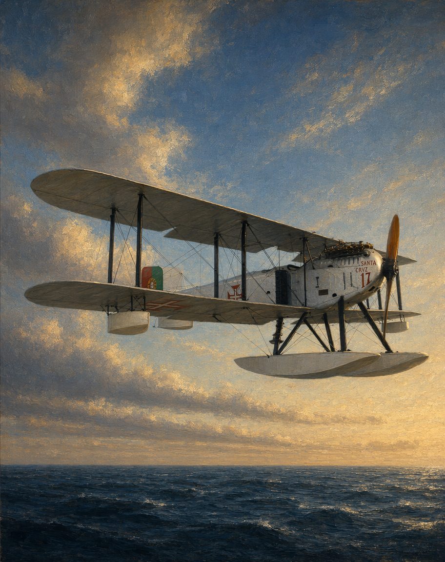 O hidroavião «Santa Cruz», o Fairey número dezassete: dos três aviões da travessia de 1922, o único que chegou — e o único que ainda existe. Pintado a partir do avião real preservado no Museu de Marinha, estrutura respeitada. (Pintura a partir de fotografia real do avião; não é uma fotografia.)