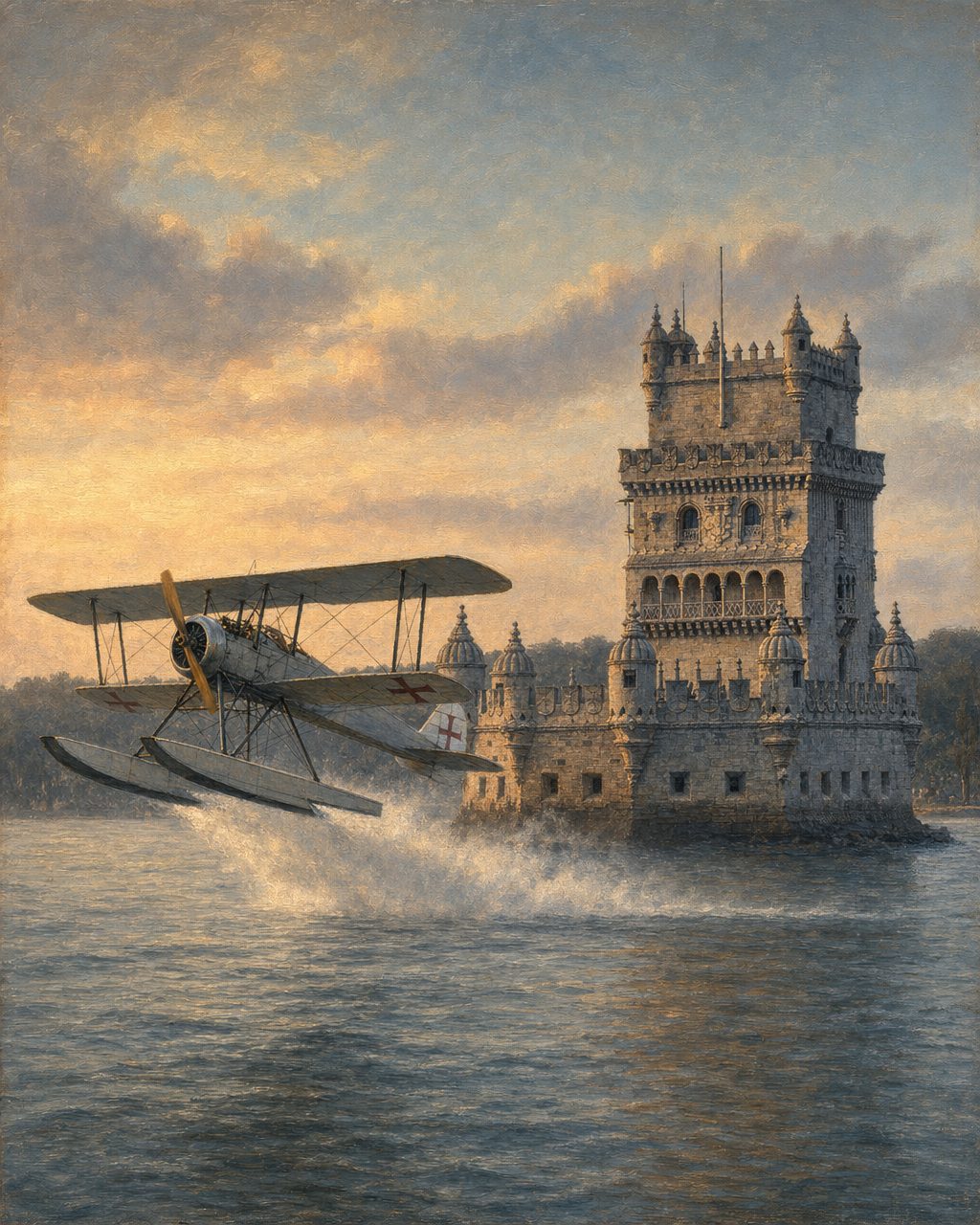 Às sete da manhã de 30 de março de 1922, o «Lusitânia» correu quinze segundos sobre o Tejo, em frente à Torre de Belém, e levantou voo para Las Palmas. Gago Coutinho tinha nascido ali mesmo, na freguesia de Belém. (Pintura. a Torre pintada a partir de fotografia real, estrutura preservada.)