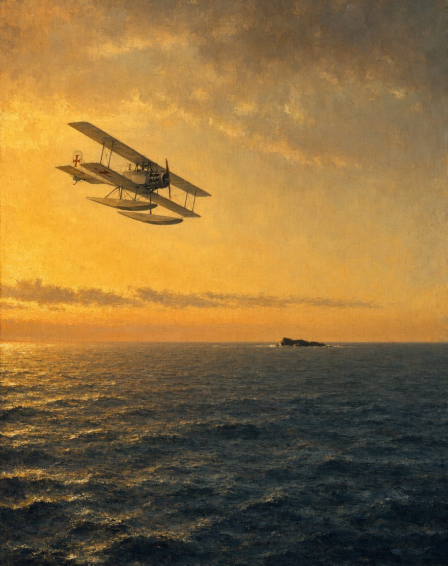 18 de abril de 1922: onze horas e vinte e um minutos de voo sem ver terra, e o rochedo — duzentos metros de comprimento num oceano inteiro — apareceu exatamente onde os cálculos diziam. No tanque restavam dois ou três litros de gasolina. (Pintura a partir de registos históricos; não é uma fotografia.)