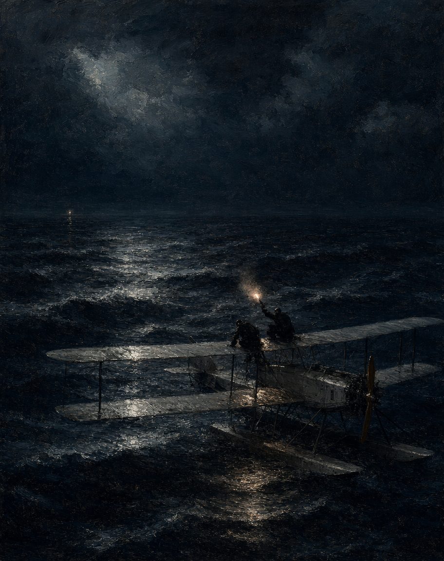 11 de maio de 1922: a pane de motor deixou-os nove horas à deriva, de noite, a equilibrar com o próprio peso um avião que a ondulação ia desfazendo. Perto da meia-noite, uma luz ao longe: o cargueiro «Paris City» respondeu aos dois tiros da pistola sinalizadora. (Pintura. figuras anónimas, sem rosto.)
