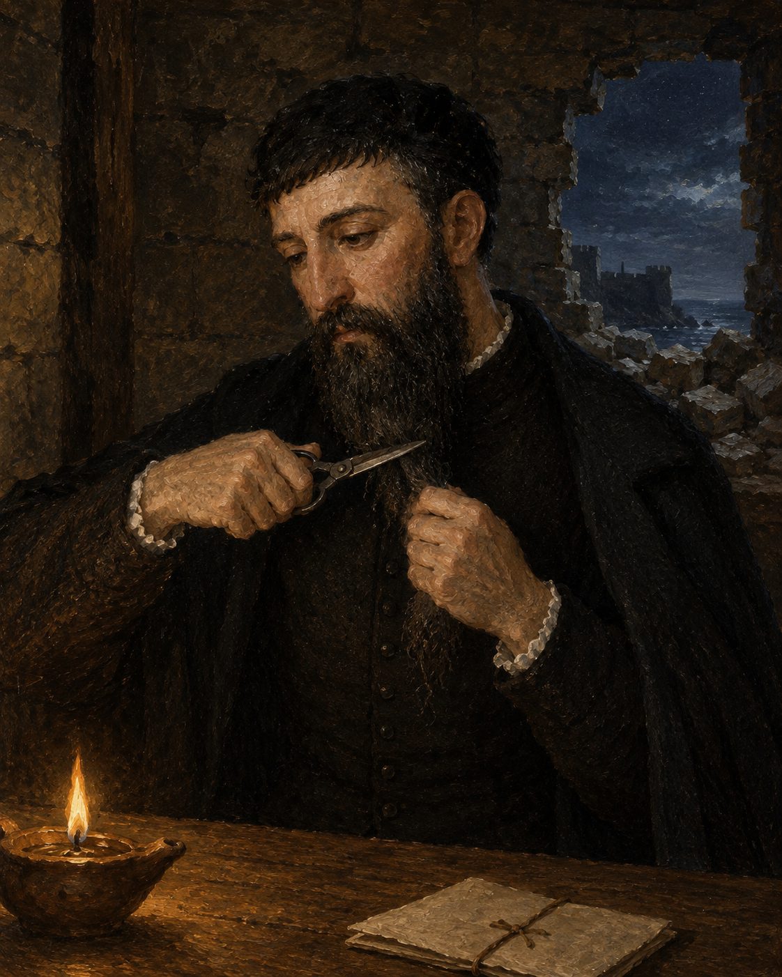 Evocação pintada de D. João de Castro a cortar uma parte da barba, em Diu, em 1546, para a mandar como penhor à Câmara de Goa. Pintura, não retrato.