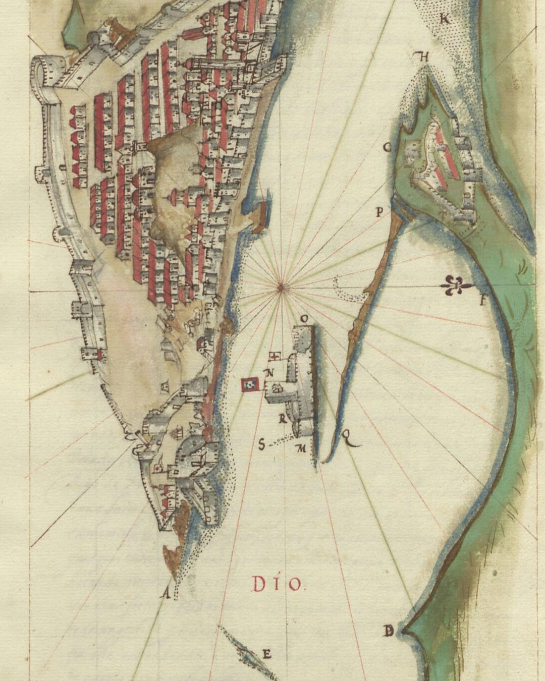 Diu, com a cidade murada e a fortaleza na ponta, numa cópia manuscrita do século XVII do roteiro de Goa a Diu de D. João de Castro (Biblioteca Nacional de Portugal, domínio público).