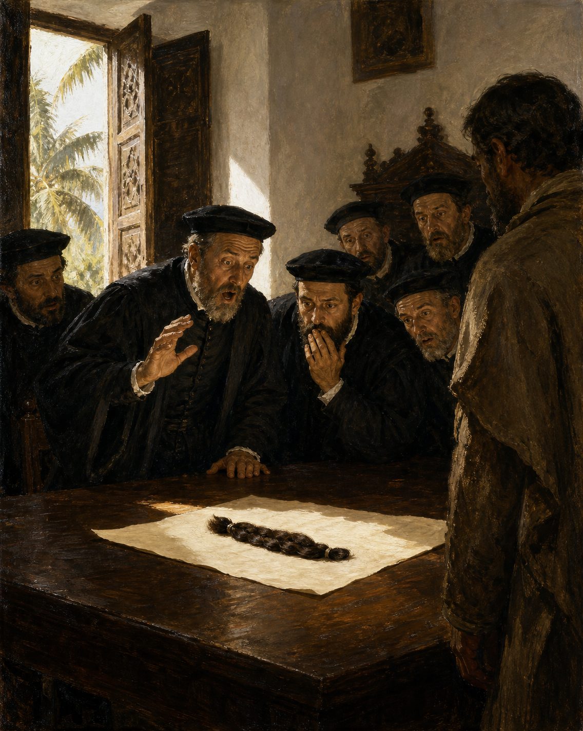 Pintura dos vereadores da Câmara de Goa diante da trança da barba do governador. Figuras genéricas, não retratos.