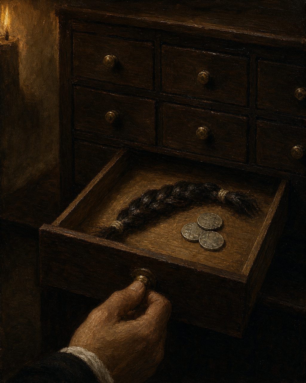 Pintura da guedelha de barba e de três pequenas moedas que, segundo o biógrafo, se acharam no escritório de D. João de Castro em 1548.