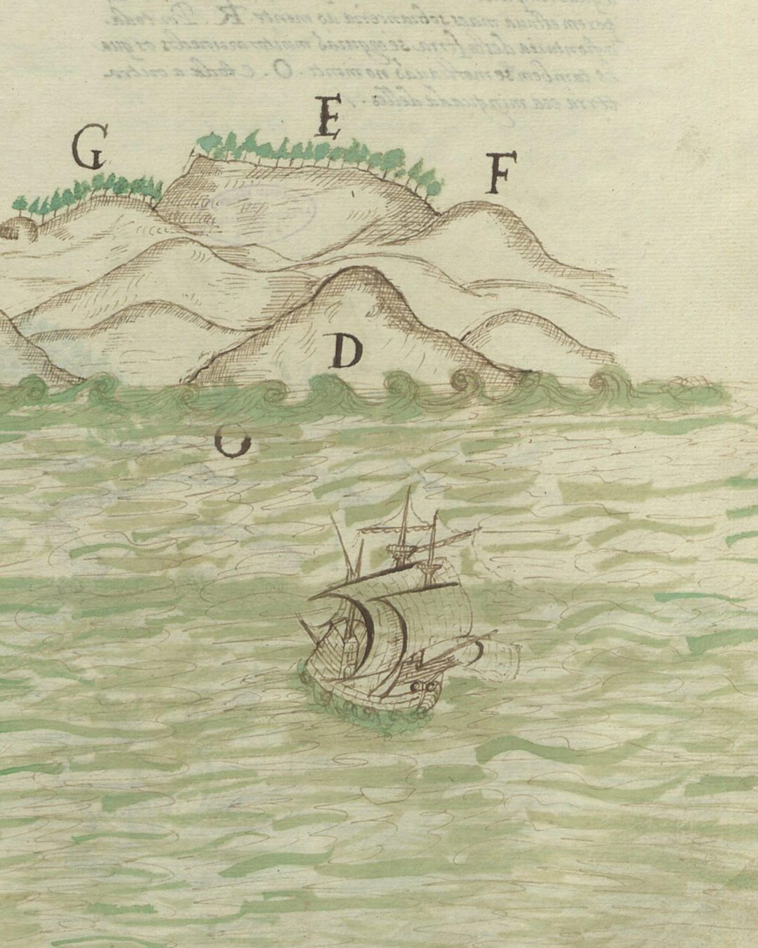 Perfil de costa desenhado do mar, com uma nau, numa cópia manuscrita anterior a 1578 do roteiro de Lisboa a Goa de D. João de Castro (Biblioteca Nacional de Portugal, domínio público).