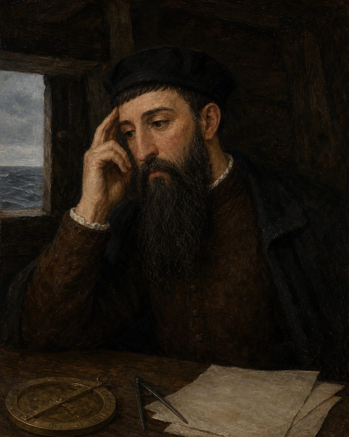 Evocação pintada de D. João de Castro na nau, em abril de 1538, a partir do retrato do Livro de Lisuarte de Abreu. Pintura, não retrato.