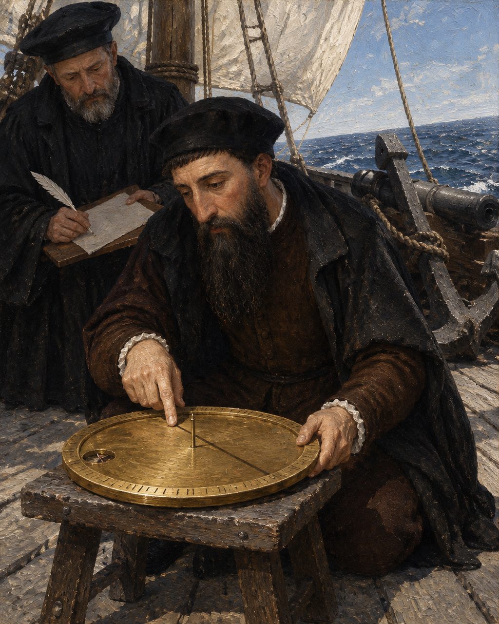Pintura de D. João de Castro a medir a variação da agulha com o instrumento de sombras de Pedro Nunes, no Atlântico Sul, em 1538.