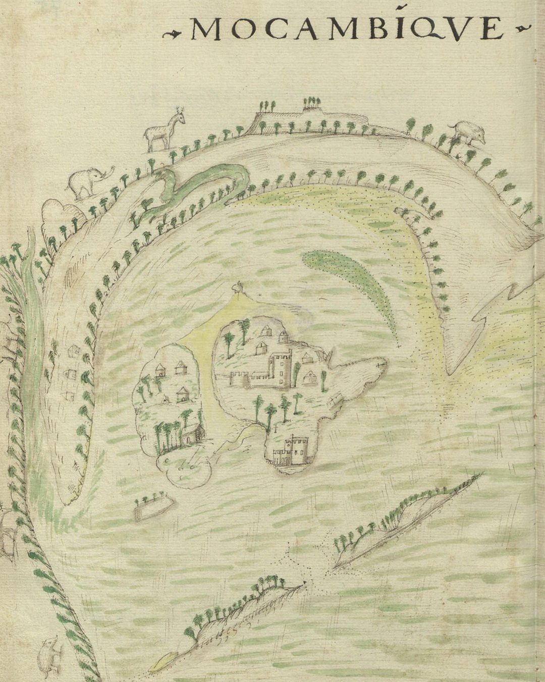Moçambique, a ilha e a baía, numa cópia manuscrita anterior a 1578 do roteiro de Lisboa a Goa de D. João de Castro (Biblioteca Nacional de Portugal, domínio público).