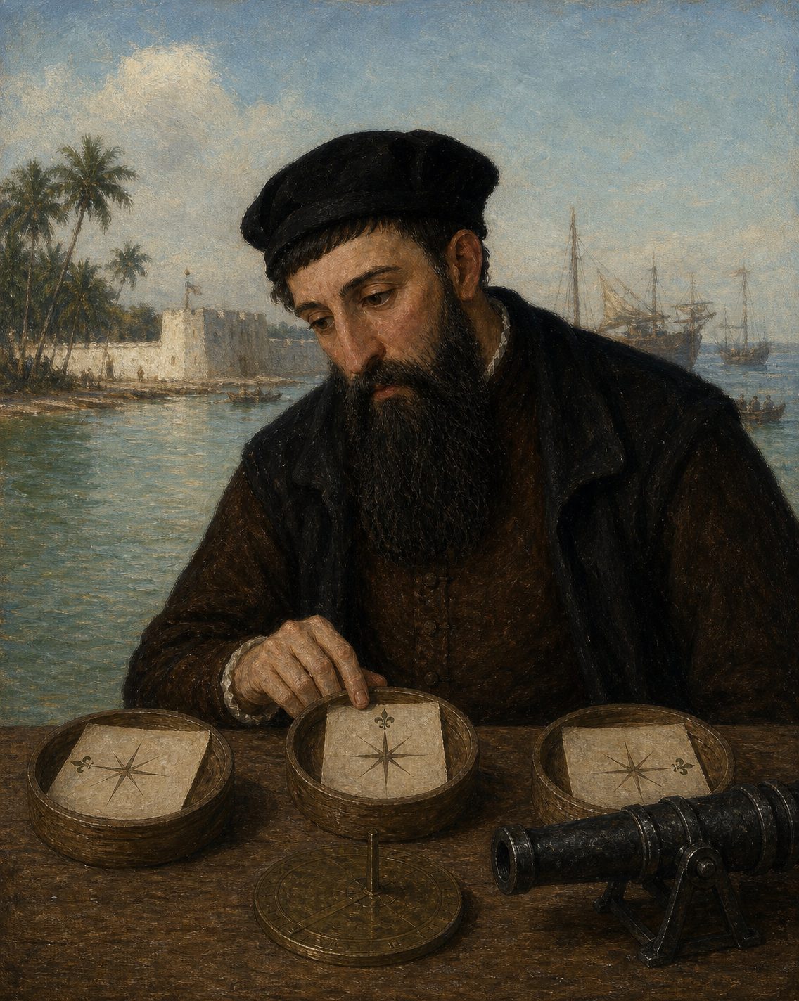 Pintura de agulhas de marear desencontradas ao lado de um berço, pequena peça de artilharia, no porto de Moçambique, a 5 de agosto de 1538.