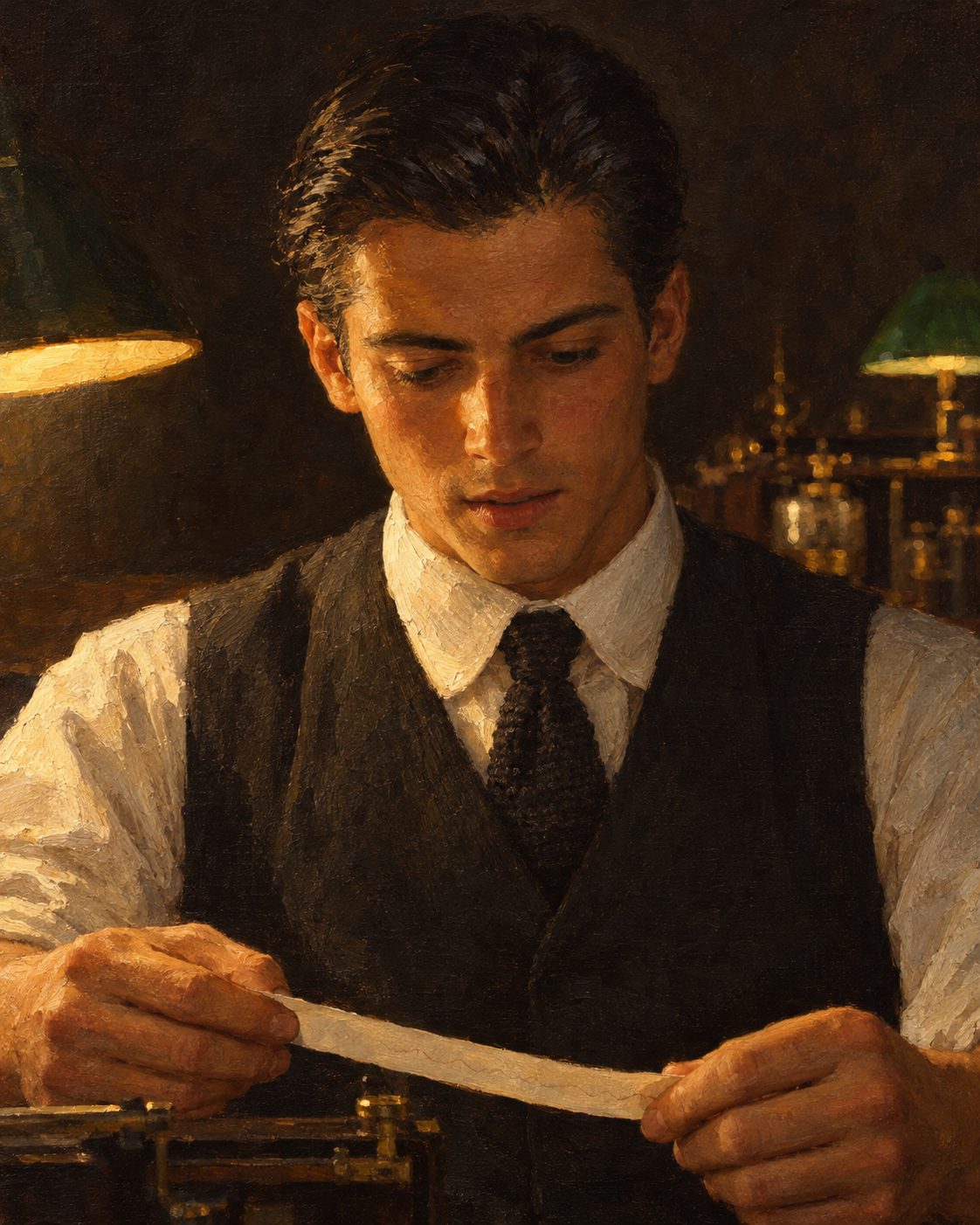 Evocação pintada de um jovem cabografista do Faial nos anos 1920, a ler a fita de papel de um aparelho (figura genérica, não retrato).