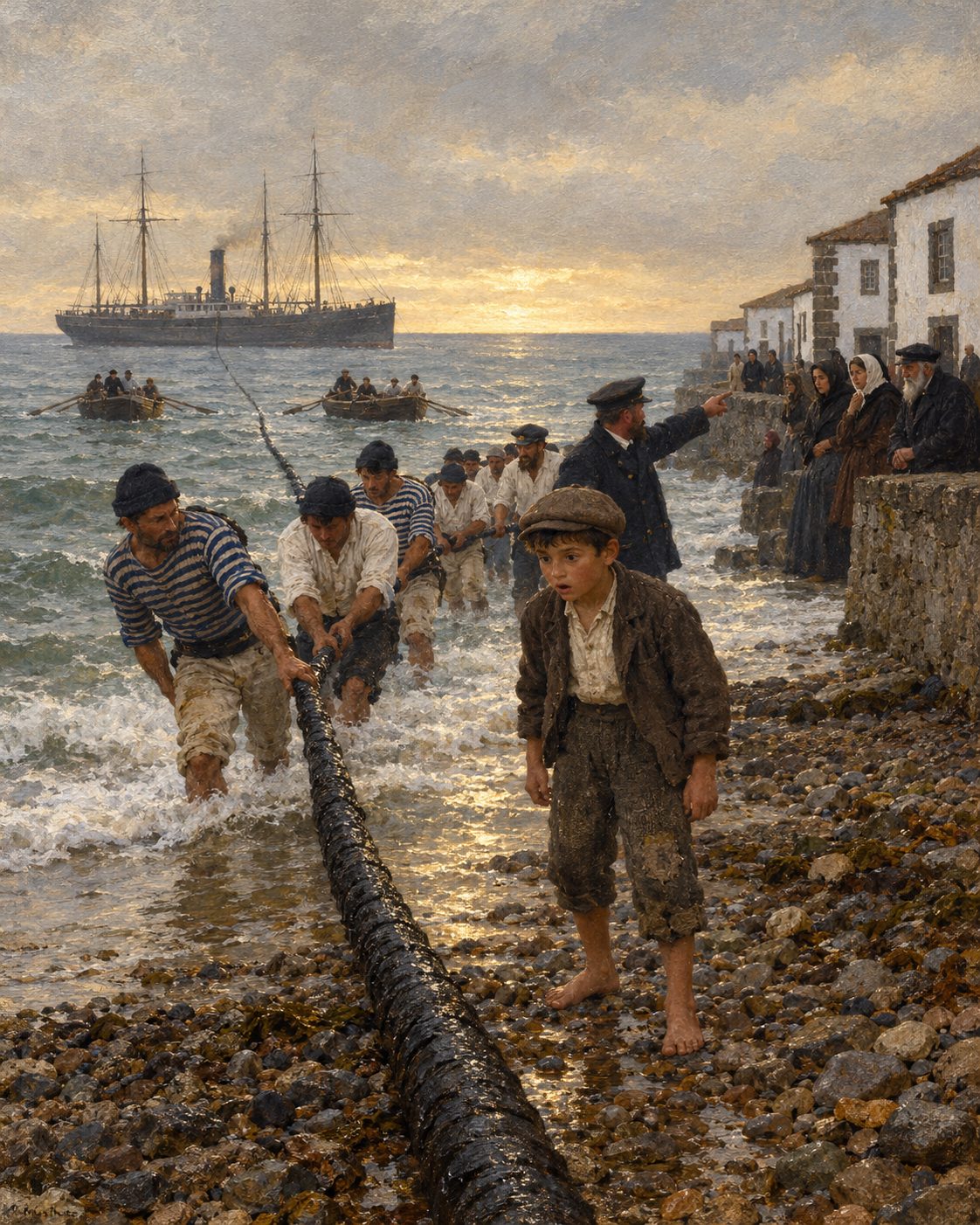 Evocação pintada do cabo submarino a ser puxado para a praia da Alagoa, na Horta, em agosto de 1893 (figuras genéricas, não retratos).