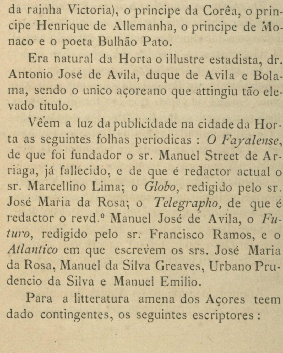 Alice Moderno, *Açores* (Ponta Delgada, 1901), p. 106: a lista dos periódicos da Horta, entre eles *O Telegrapho* (Biblioteca Nacional de Portugal, domínio público).