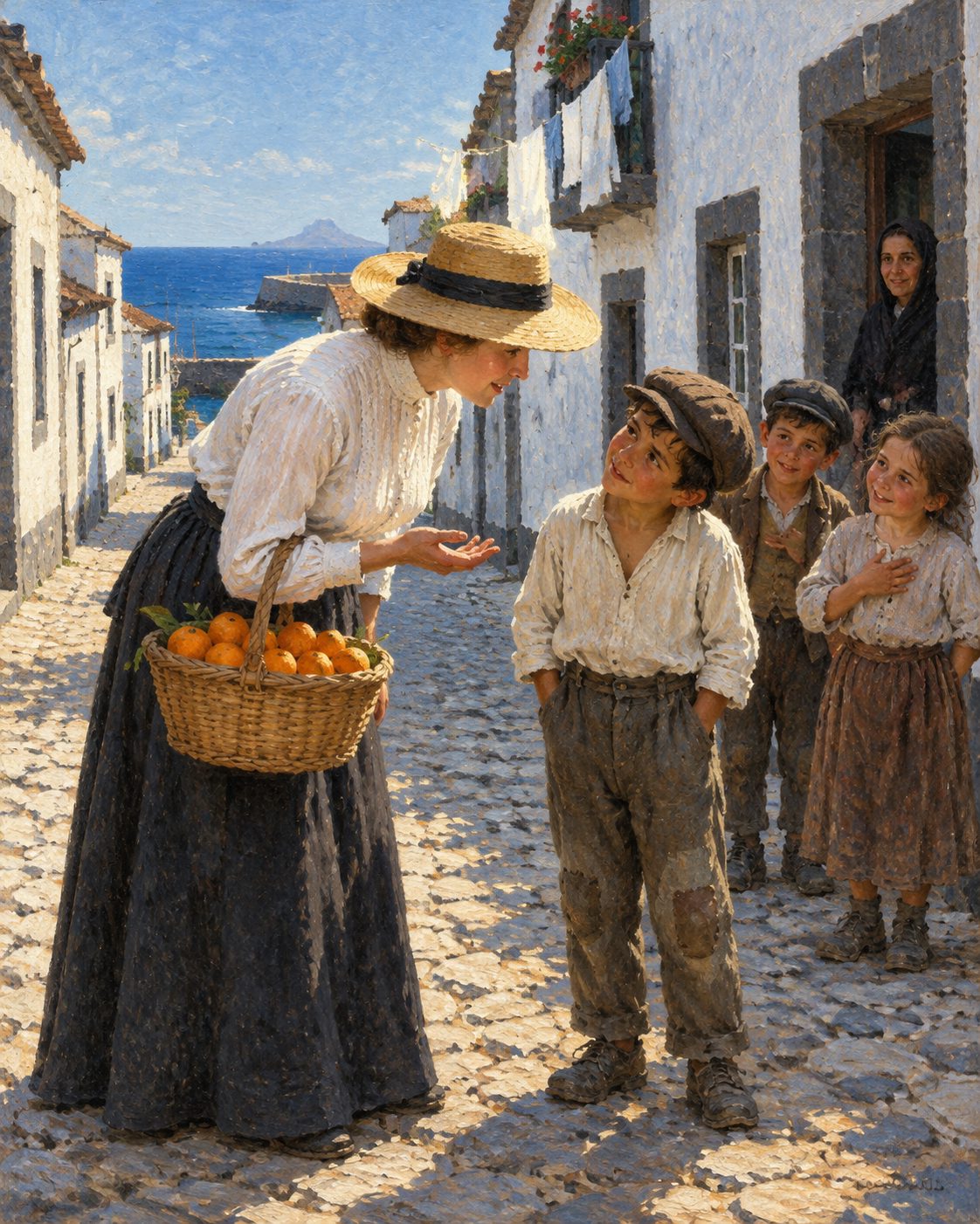 Evocação pintada de uma rua da Horta por volta de 1910, com uma inglesa dos cabos a falar com uma criança do Faial (figuras genéricas, não retratos).