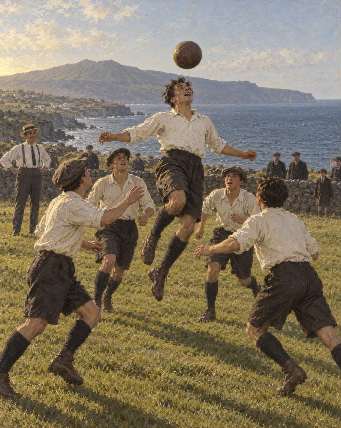 Evocação pintada de jovens faialenses a jogar à bola junto ao mar, em 1909 (figuras genéricas, não retratos).