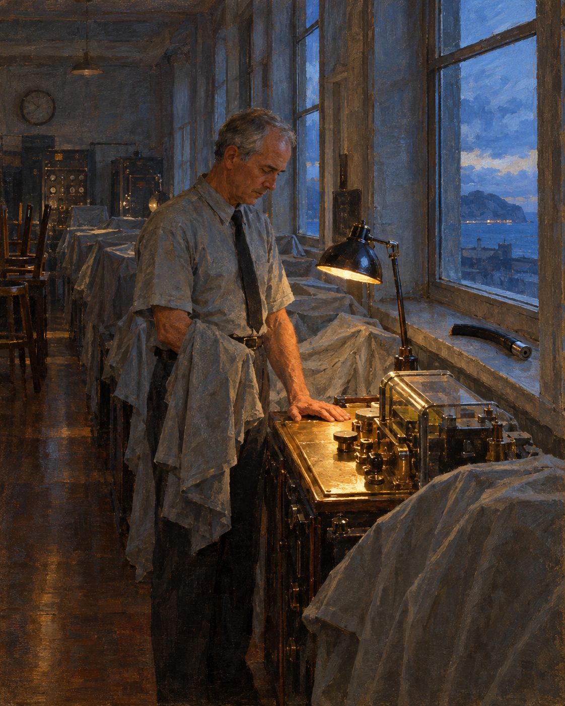 Evocação pintada da sala de operações de uma estação de cabos da Horta ao fim da tarde, quando as estações fecharam, no fim dos anos 1960 (figura genérica, não retrato).