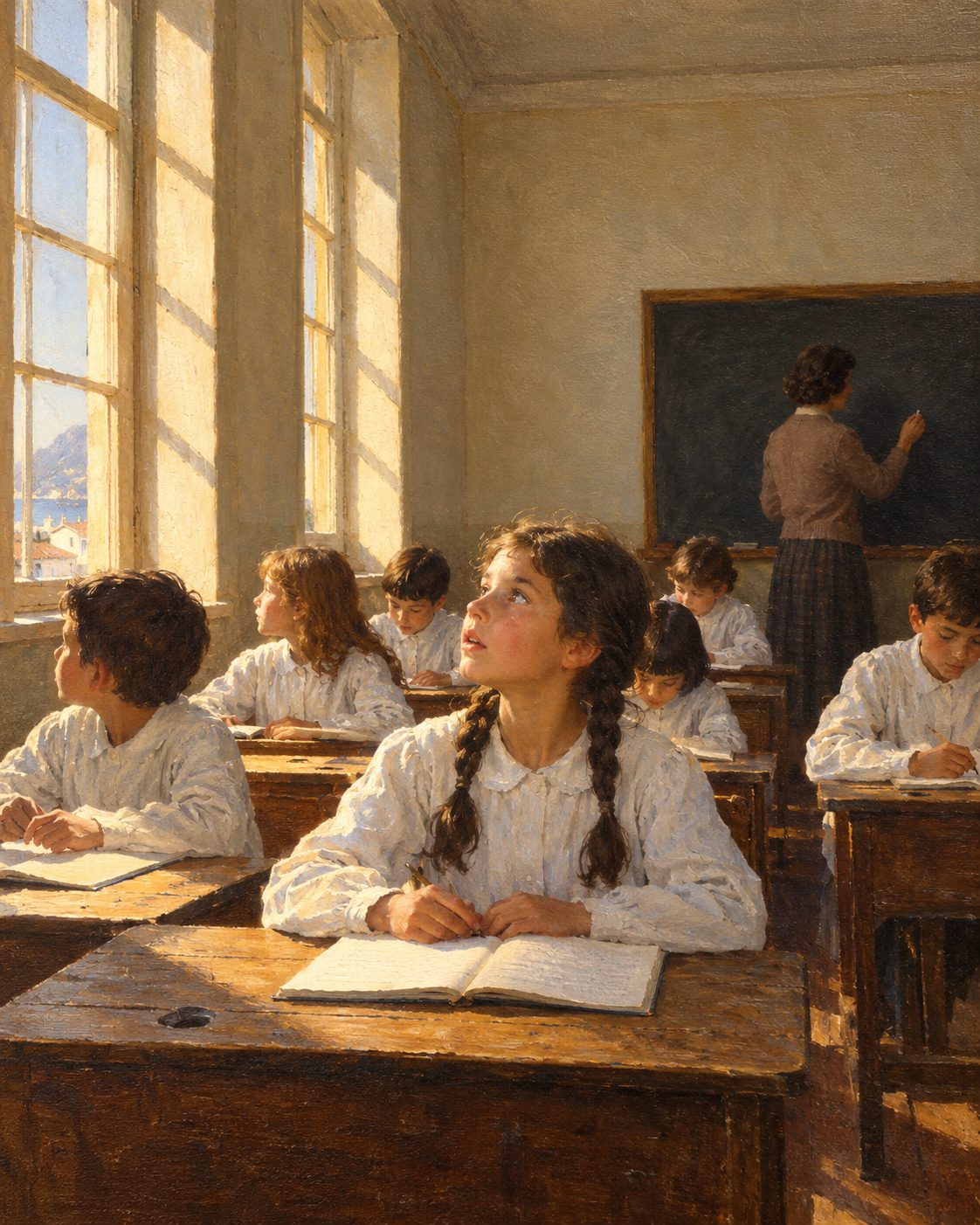 Evocação pintada de uma sala de aula no Faial nos anos 1970 (figuras genéricas, não retratos).