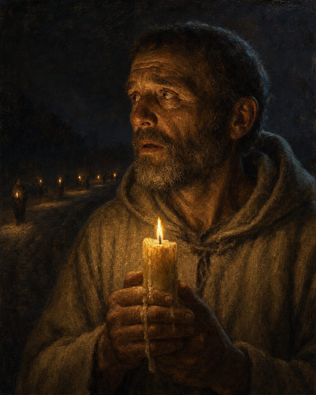 «Pelo caminho estavom muitos homeens com çirios nas maãos, de tal guisa hordenados, que sempre o seu corpo foi per todo o caminho per antre çirios açesos.» Evocação pintada de um homem de círio na estrada nocturna; figura genérica da época, não é um retrato. Pintura.
