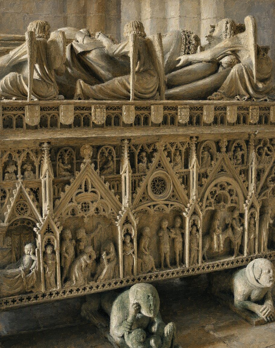 O túmulo de Inês de Castro, no Mosteiro de Alcobaça, fundado por D. Afonso Henriques em 1153 e inscrito na Lista do Património Mundial da UNESCO desde 1989. O Património Cultural, que tutela o monumento, chama obras-primas da escultura tumular europeia aos túmulos de D. Pedro e de Inês: no dele está representada a Roda da Vida; no dela, o Juízo Final, esculpido no topo da arca. A arca assenta em figuras acocoradas com cabeça humana. Pintura a partir de uma fotografia real do monumento, de Waugsberg (CC BY-SA 3.0).