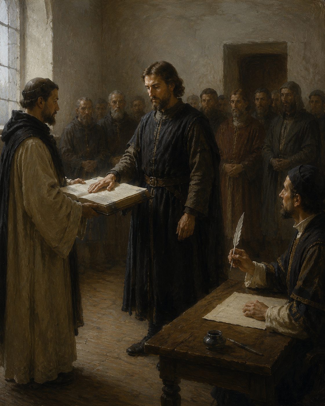 Em junho de 1360, no lugar de Cantanhede, D. Pedro mandou chamar um tabelião. Diante do mordomo-mor, do chanceler e de meia corte, jurou sobre os Evangelhos que recebera Inês por sua mulher legítima, em Bragança, havia uns sete anos. E declarou, no mesmo juramento, não se lembrar do dia nem do mês. Evocação pintada; figuras genéricas da época, não é um retrato de D. Pedro. Pintura.