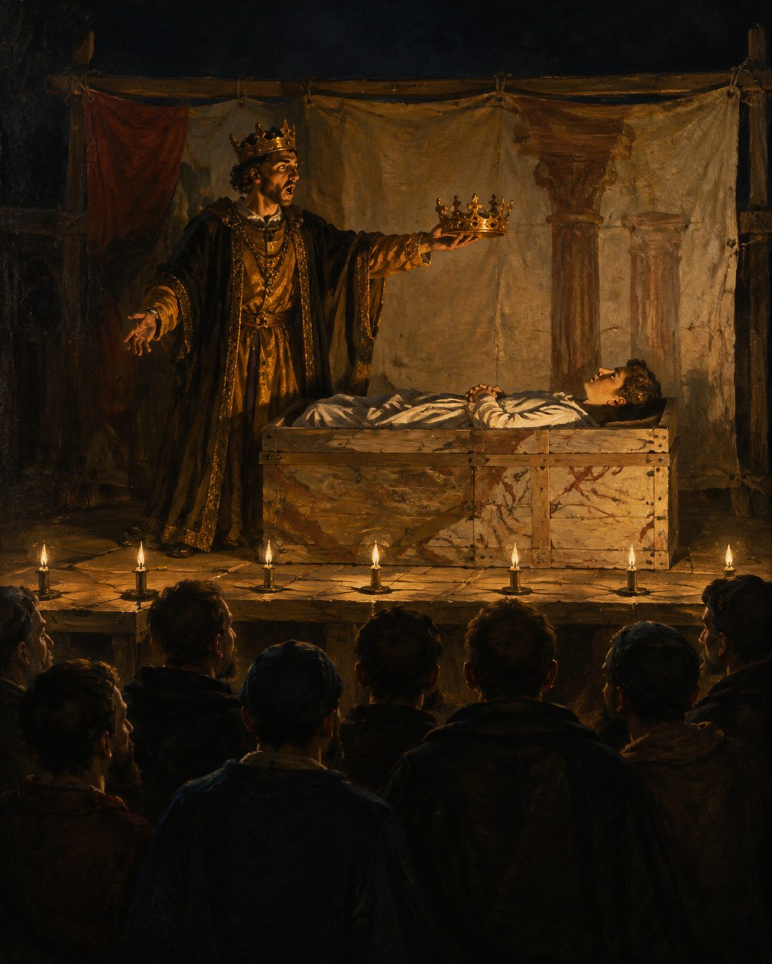 A cena do trono vem do palco e do verso. Na tragédia «Nise laureada», do frade galego Jerónimo Bermúdez, publicada em Madrid em 1577 em verso castelhano, o rei desenterra Inês, casa publicamente com ela e coroa-a rainha; as duas peças que ele fez sobre Inês terão sido representadas em Coimbra. Evocação pintada de uma representação teatral do século XVI: o que se vê é um palco, com actores, e uma coroa de adereço. Pintura.
