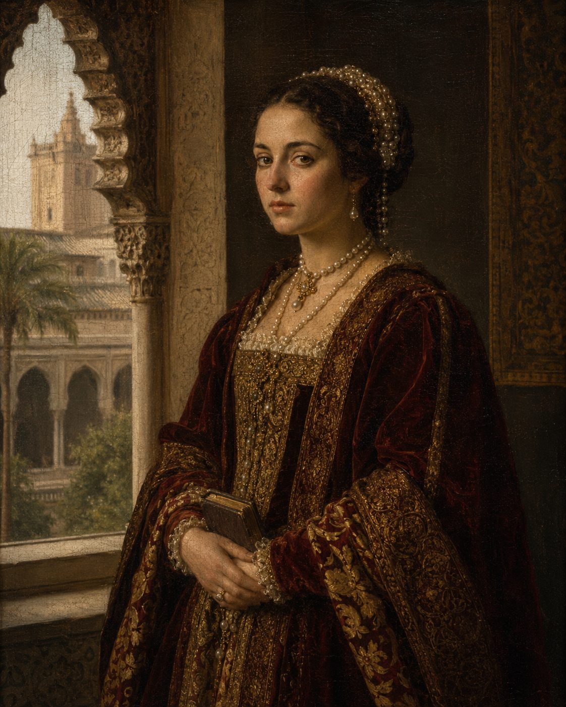 Retrato cerimonial de Isabel de Portugal, jovem rainha em traje de corte, ilustração do momento do casamento em Sevilha.