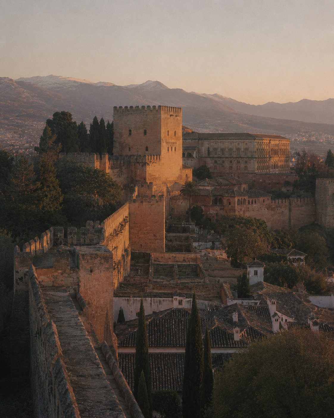 Vista do Alhambra ao amanhecer, evocando os sete meses que o casal real ali passou em 1526.