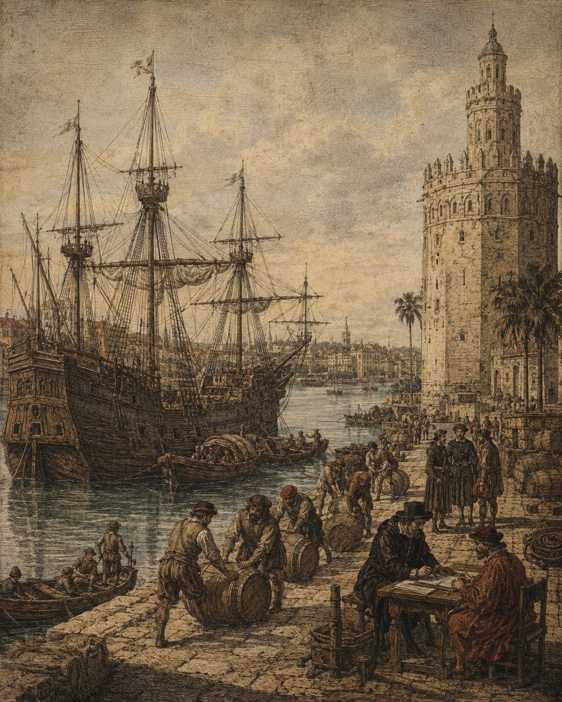 Cais de Sevilha no século XVI, evocando a frota das Índias que a regente administrava.