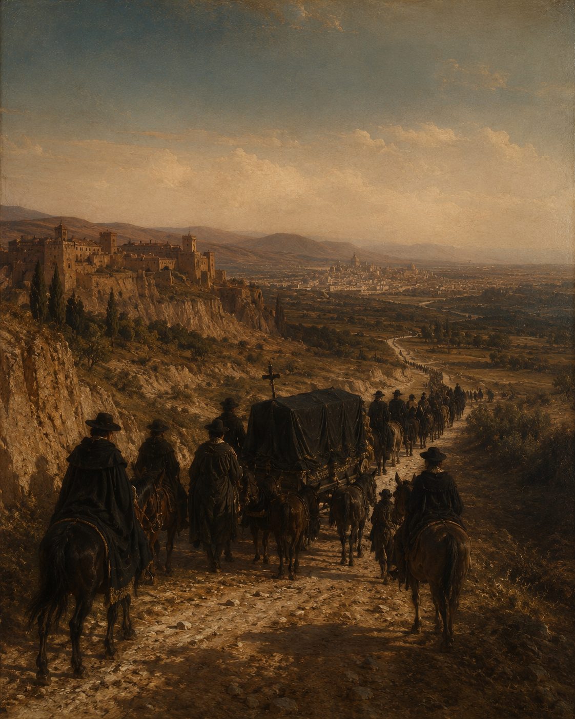 Cortejo fúnebre descendo para Granada em 1539, com Francisco de Borja entre o séquito.
