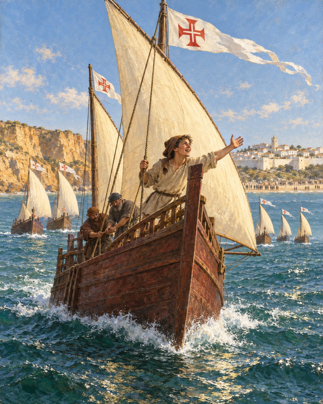 Pintura da partida das seis caravelas de Lagos em 1444, cada uma com a bandeira da cruz da Ordem de Cristo (figuras genéricas, não retratos).