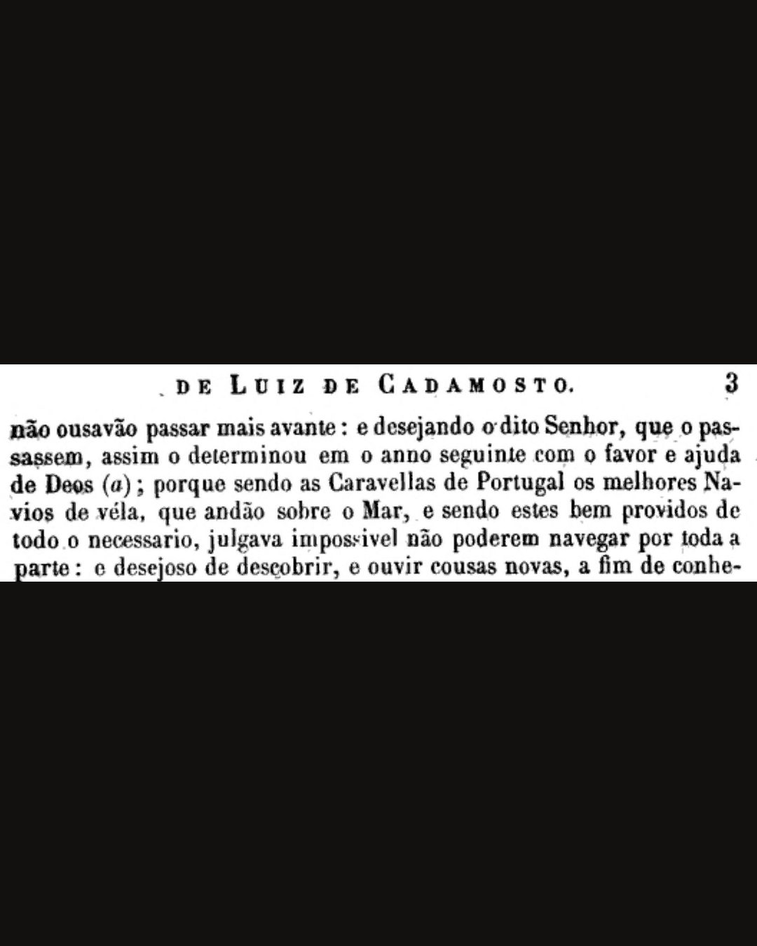 Navegações de Luiz de Cadamosto, tradução portuguesa (Lisboa, Academia Real das Sciencias, 1812), p. 3: «as Caravellas de Portugal os melhores Navios de véla, que andão sobre o Mar» (domínio público).