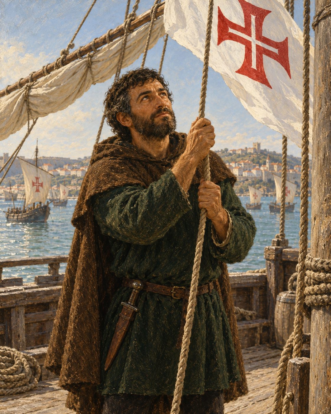 Evocação pintada de Gil Eanes, segundo capitão da armada de Lançarote, a içar a bandeira da sua caravela (figura evocada, não retrato).