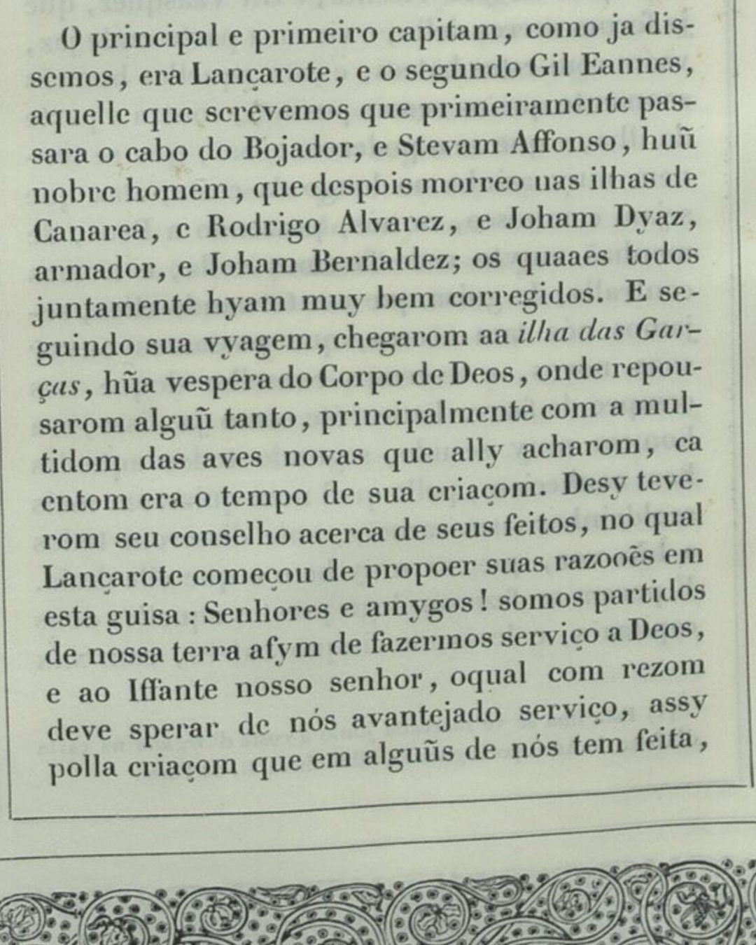 Crónica da Guiné, edição de Paris (1841), p. 107: os capitães das seis caravelas, «Lançarote, e o segundo Gil Eannes, aquelle que screvemos que primeiramente passara o cabo do Bojador» (Biblioteca Nacional de Portugal, domínio público).