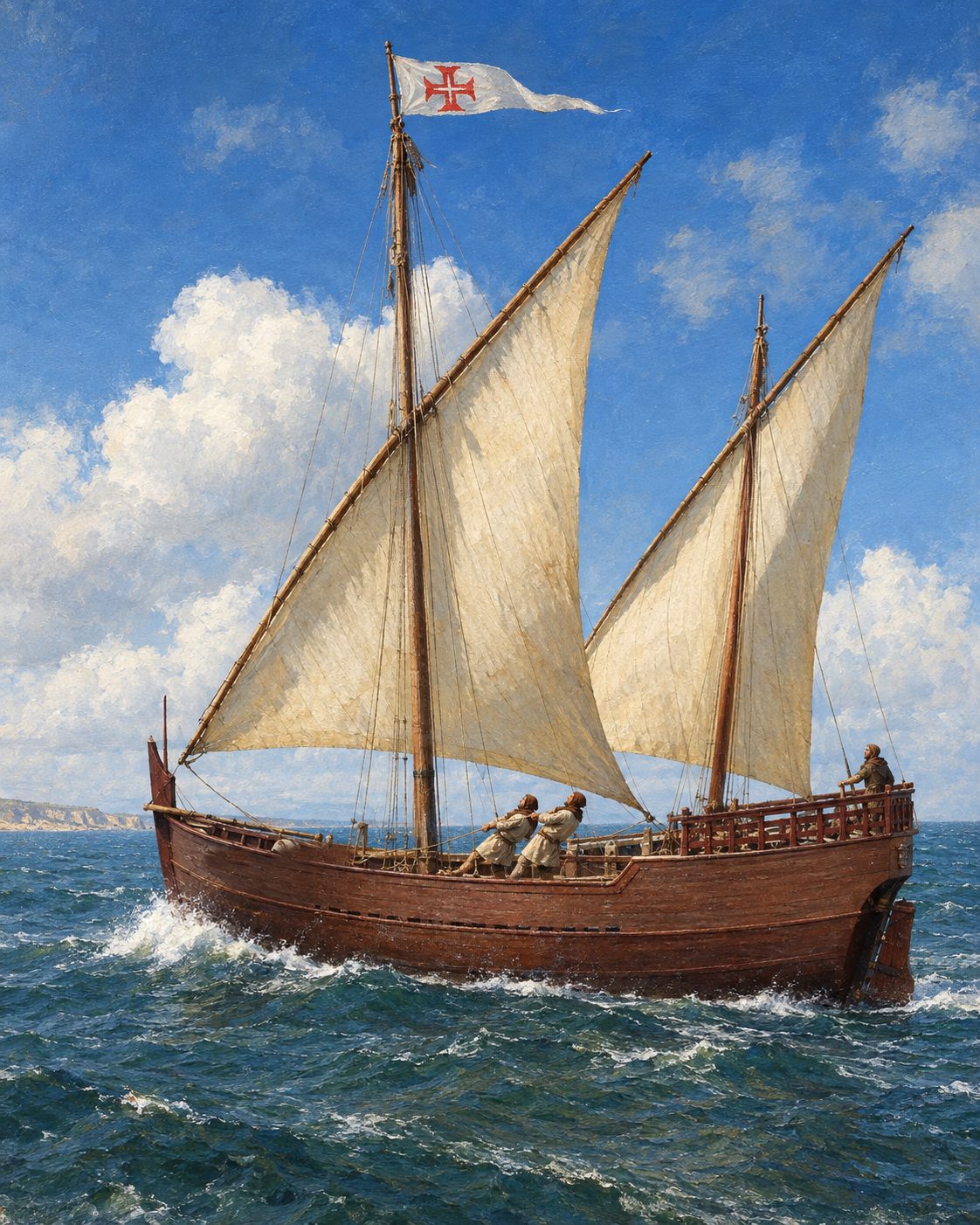 Pintura de uma caravela latina à bolina, a partir de uma fotografia real da «Boa Esperança», réplica aproximada das caravelas dos Descobrimentos, de Kolforn (CC BY 3.0).