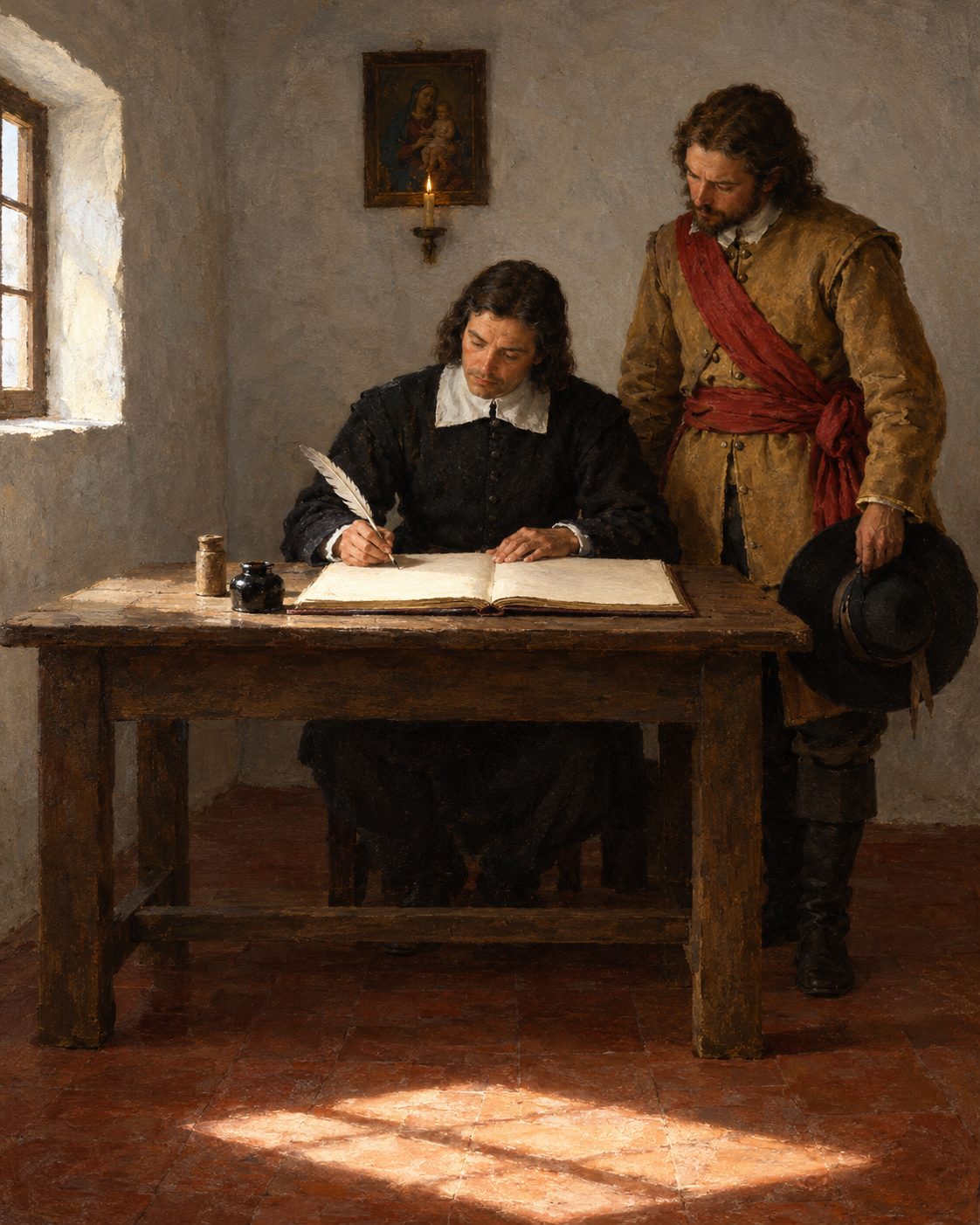 Evocação pintada de um escrivão de regimento em 1668. Todo o recruta precisava de um fiador; para o soldado Santo António, a fiadora aceite foi a Virgem Maria.