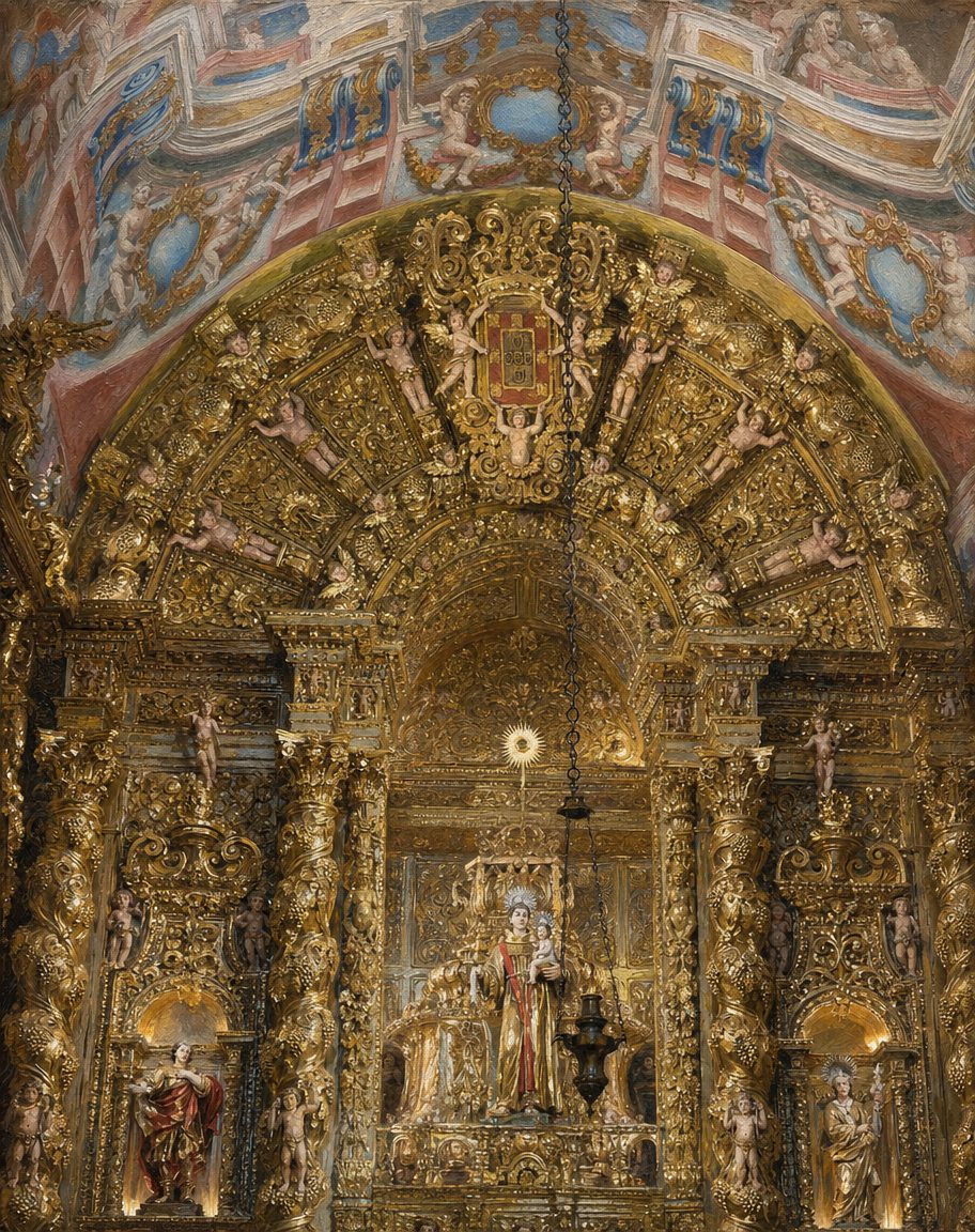 Pintura da capela-mor da igreja de Santo António, em Lagos, a antiga igreja de Santo António dos Militares, reconstruída em 1769 por ordem do comandante do regimento. A partir de uma fotografia real de Notafly (CC0).