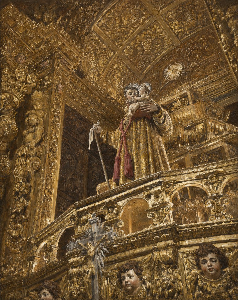 Pintura da imagem de Santo António no trono do altar-mor da igreja de Santo António, em Lagos. A imagem do regimento, com a banda de oficial e o bastão de comando, está no Museu Municipal, anexo à igreja. A partir de uma fotografia real de Notafly (CC BY 4.0).