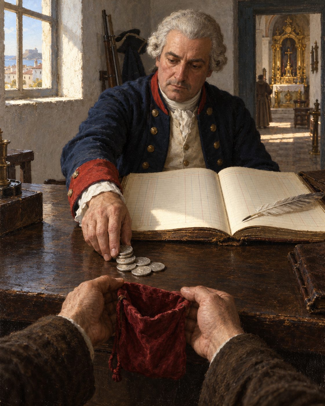 Evocação pintada do pagamento do soldo em Lagos: no livro de vencimentos do regimento escriturava-se o soldo de «O Senhor Santo António Capitão e Protector deste Regimento», e o dinheiro ia para a capela e para a festa.